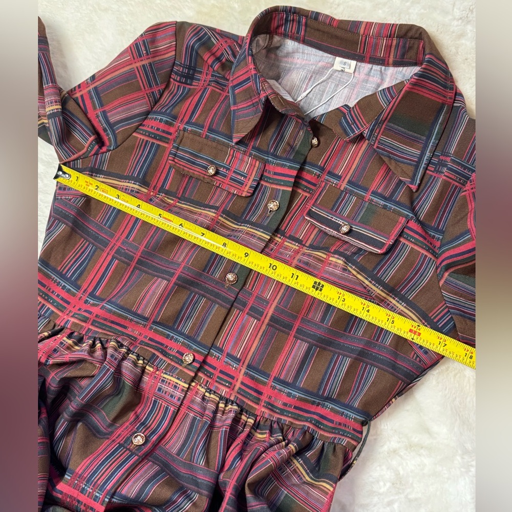 Oyrosy Retro Elegant Classy Lapel Reddish Brown Plaid Maxi Dress w/ Pockets - Picture 11 of 16